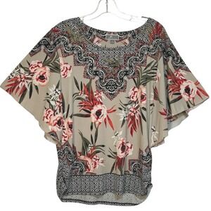 JM Collection Blouse Beige Floral‎ Butterfly Sleeve Romantic Boho Coquettecore L